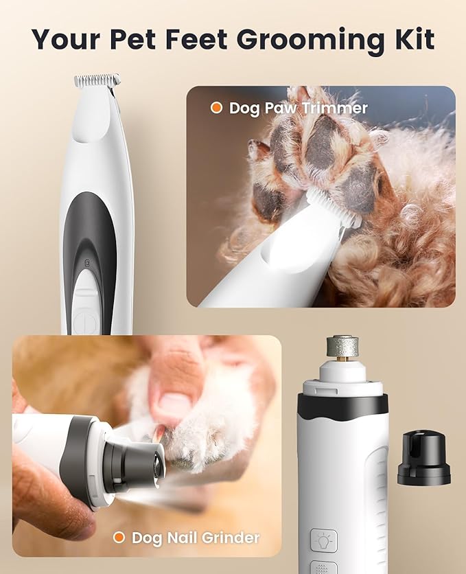 oneisall 2 in 1 Quiet Paw Trimmer and Dog Nail Grinder with LED Lights, 35dB Dog Paw Grooming Kit Rechargeable Cordless Pet Clipper