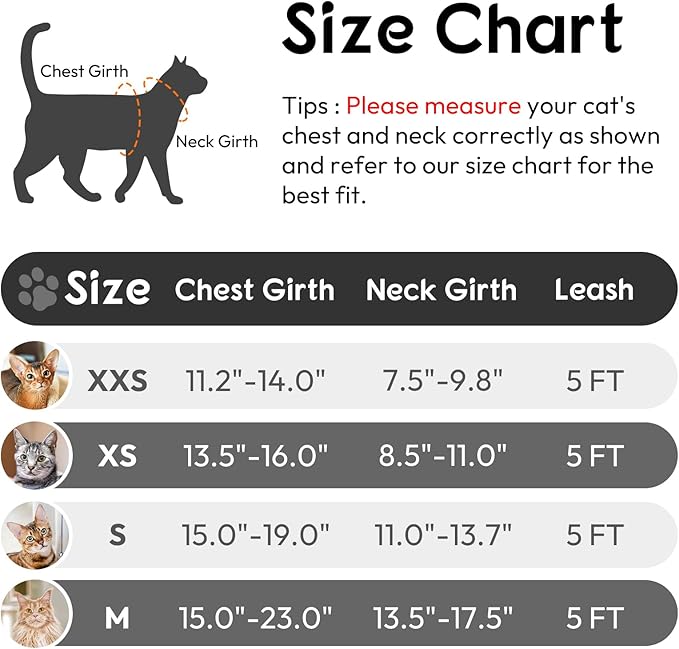 Dooradar Cat Harness and Leash Set, Escape Proof Safe Adjustable Kitten Vest Harnesses for Walking, Easy Control Soft Breathable Mesh Jacket with Reflective Strips for Cats, Black, XS
