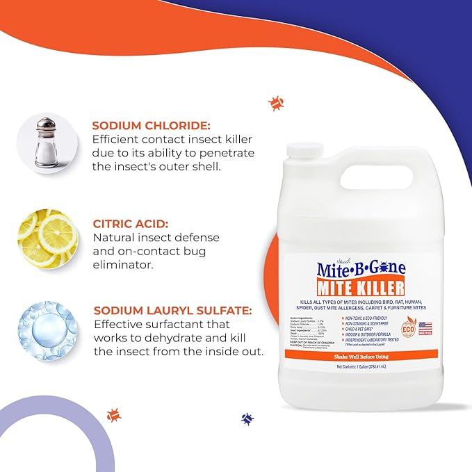 Mite Killer Treatment Spray Pack by Mite-B-Gone — Kills All Types of Mites, Dust, Spider, Rat, Carpet & Bird Mites | Safe for Homes, Furniture & Animals | Non-Toxic | Kid & Pet Friendly | 1 Gal 4-Pack