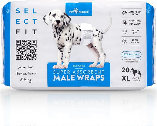 Paw Inspired Select Fit Male Dog Diapers, Disposable Male Wraps with Wetness Indicator| Belly Bands for Small, Medium, Large Dogs (X-Large, 20 Count)