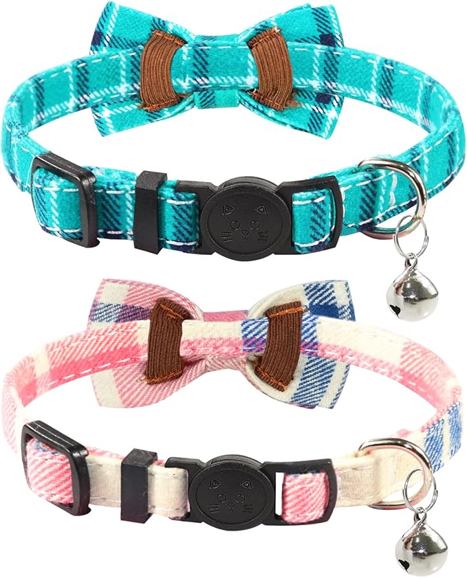 Joytale Upgraded Cat Collar with Bells, Breakaway Cat Collars with Bow Tie, 2 Pack Girl Boy Safety Plaid Kitten Collars, Pink+Teal