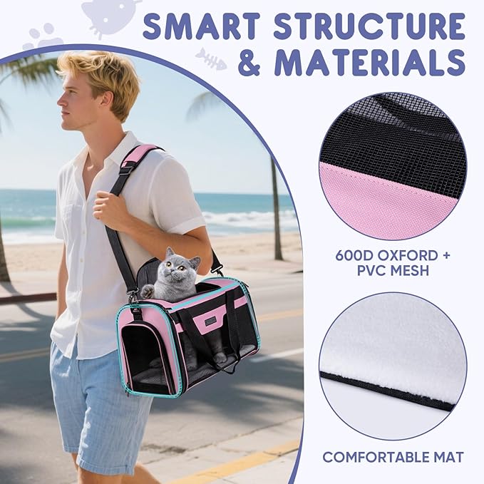 BALEINE Cat Carrier, Puppy Dog Carrier for Small Medium Pets Up to 15 Lbs, Soft-Sided Dog Travel Bag with Safety Zippers, Collapsible Pet Carrying Case (Pink, L, 17"x11"x11")