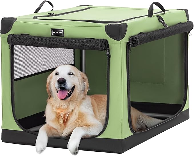 PETSFIT Collapsible Dog Crate, with Patented Adjustable Fabric Cover, Chewproof & Lockable Mesh Doors, Waterproof Base Soft Sided Kennel Green 40 Inch
