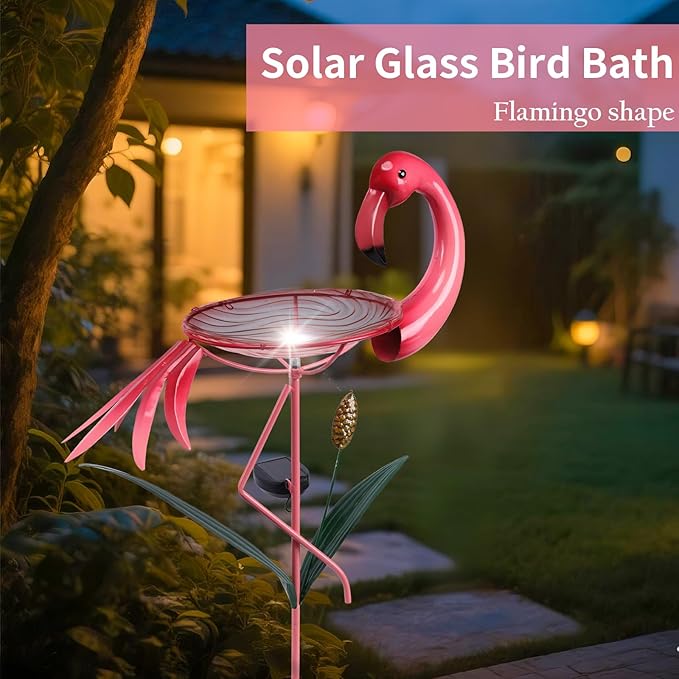 VCUTEKA Glass Bird Bath Outdoor Solar BirdBath Bird Feeder with Metal Stake Garden Decor, Flamingo