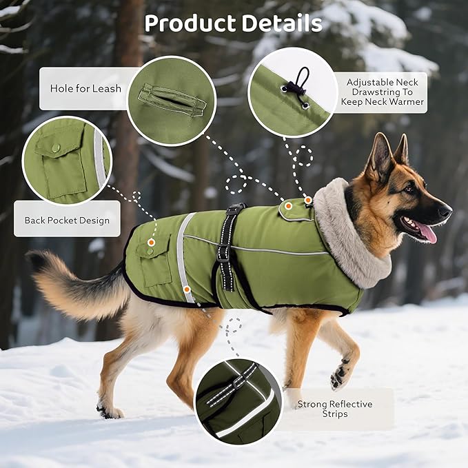 Dog Coat, Dog Winter Coat Jacket Waterproof for XXL Large Dogs, Pet Vest Warm Fleece Cozy for Cold Weather, with Harness Built in Reflective, Dogs Snowsuit Windproof, Adjustable Buckle