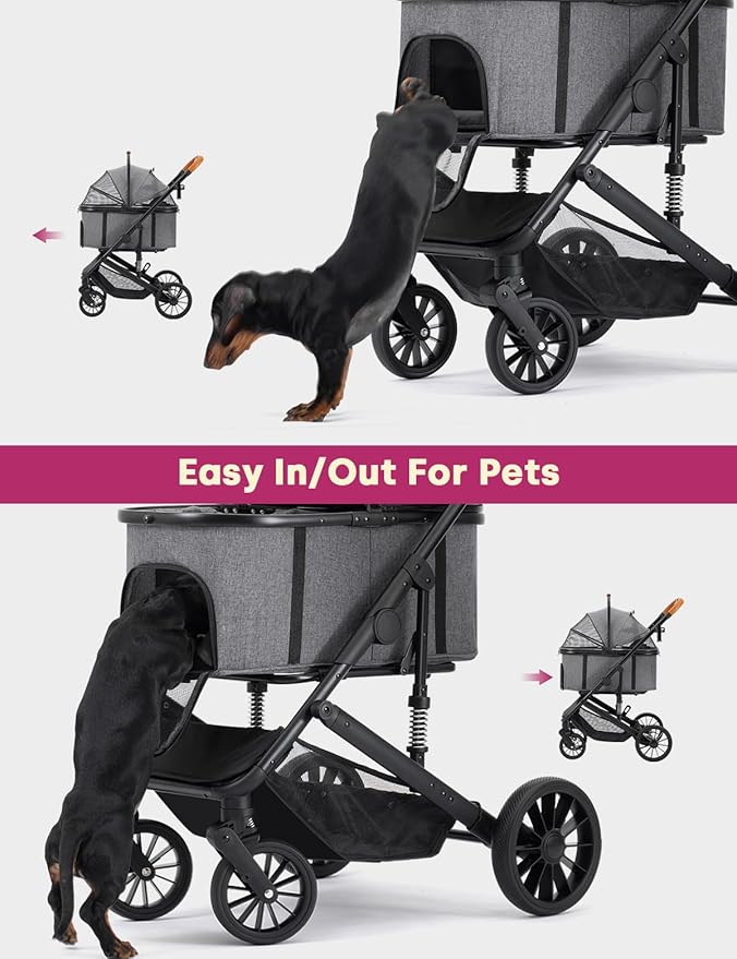 Dog Stroller for Small/Medium Dogs Up to 60lbs, 4 Wheels Folding Pet Stroller with Detachable Carrier, Pet Travel Carrier for Puppy & Cats, Storage Basket, Breathable Mesh, Grey