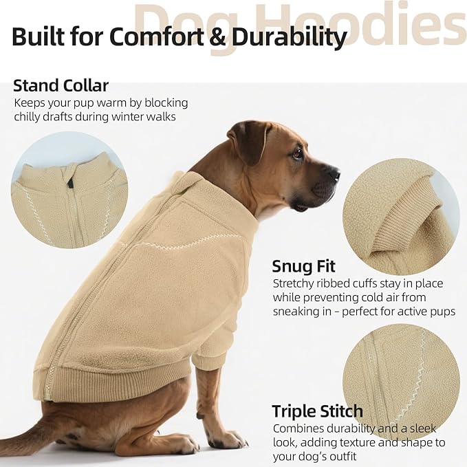 QBLEEV Dog Hoodie for Small Medium Large Dogs, Soft Fleece Pullover Dog Sweatshirt with Zipper, Winter Warm Hooded Sweatshirt Clothes for Daily Wear, Pet Cold Weather Clothing, Beige, M