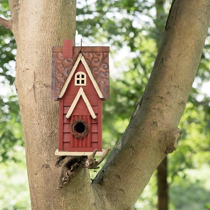 Glitzhome 12" H Distressed Red Cottage Solid Wood Birdhouse Hanging Bird House for Outdoors