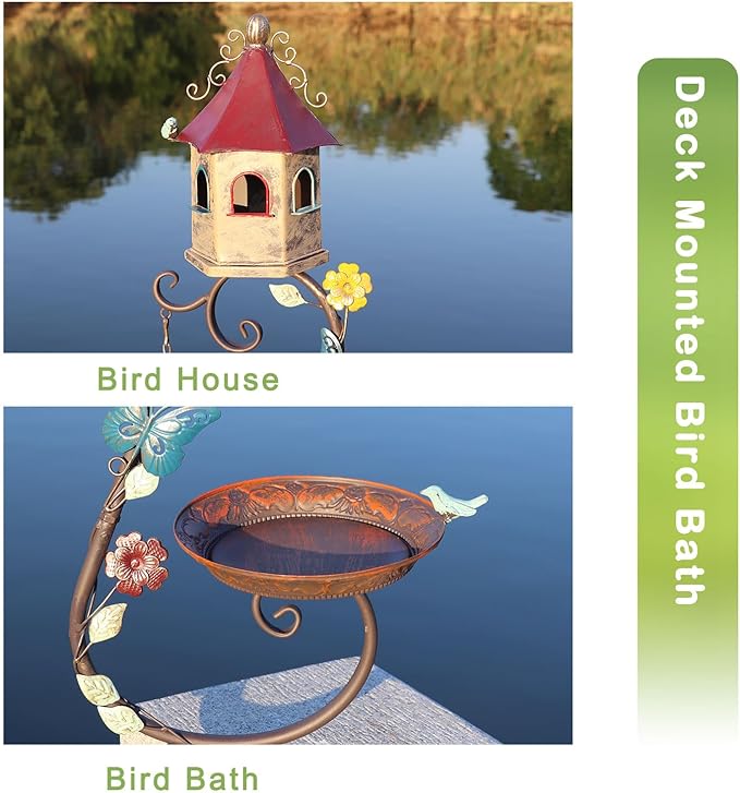 Deck Bird Bath, 2 in 1 Metal Bird Bath and Bird Houses, Decorative Deck Mounted Bird Baths, Detachable and Adjustable Sturdy Deck Bird Bath for Outdoor Porch Yard Garden Decoration