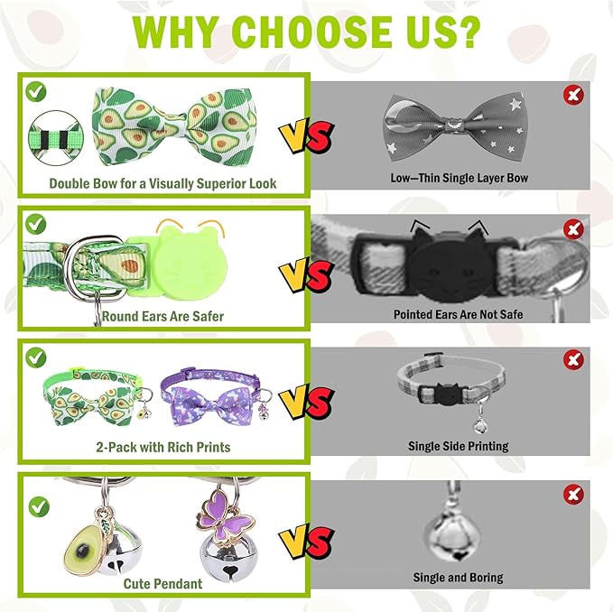 SCENEREAL Cat Collar with Bells, 2 Pcs Breakaway Cat Collars with Adustable Bowtie, Safety Kitten Collar for Boy Girl Cats Puppy, Cute Spring Summer Butterfly & Avocado Pet Collar, Green & Purple