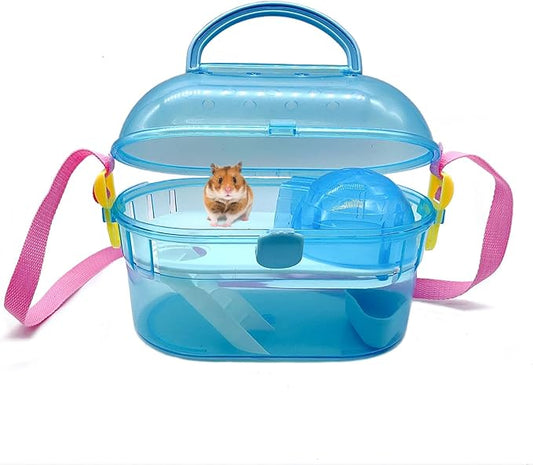 Portable Hamster Cage Syrian Hamster Carry Travel Cage with Water Bottle Food Bowl Adjustable Strap Small Animals Outgoing Cages for Gerbil Squirrel Guinea Pig Chinchilla Hedgehog Blue