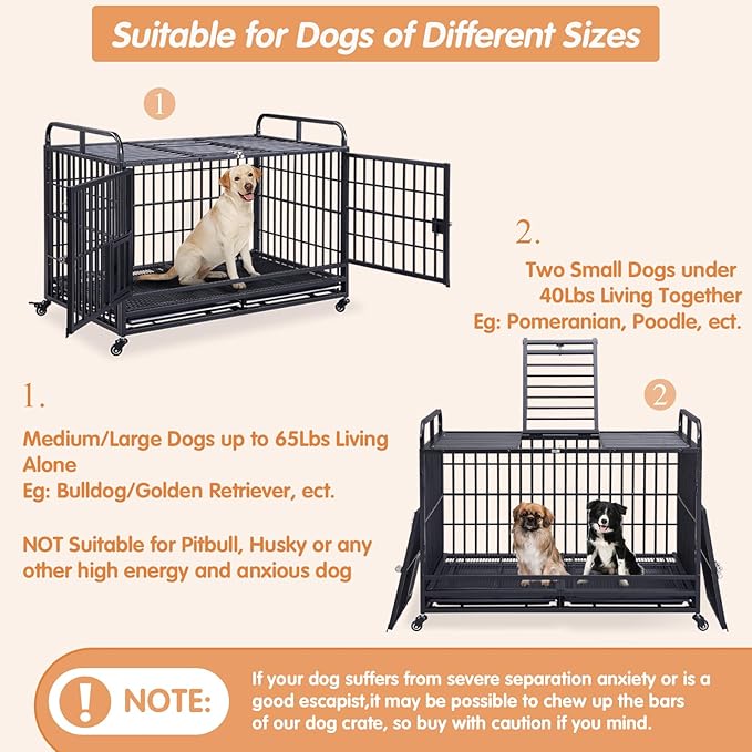 Lauren&Harold 48 Inch Heavy Duty Dog Crate for Medium/Large Dogs, Metal Dog Kennel Indoor with Top Door&Feed Door, Easy-to-Clean XL Dog Cage with Removable Tray&Wheels, Large Dog crates Furniture