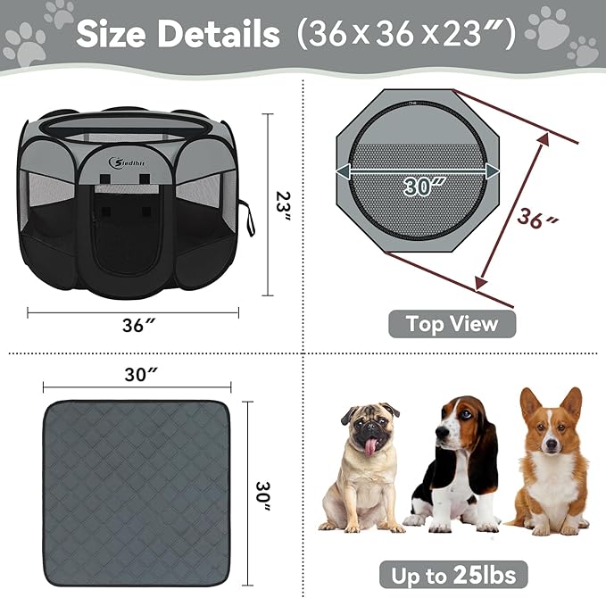 Dark Grey Puppy Playpen for Middle Dog Cat, Dog Tent Crates Cage Indoor/Outdoor, Portable Pop Up Dog Kennel with Carrying Bag for Rabbits, Removable Top (Dark Grey, Medium (36" x 36" x 23"))