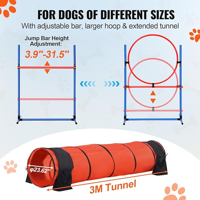 VEVOR Dog Agility Training Equipment, Dog Obstacle Course Backyard Set with Adjustable High Hurdles,6 Weave Poles,Extended Tunnel,Jump Ring,Pause Box,Whistle Foldable Bowl Training Pouch Storage Bag