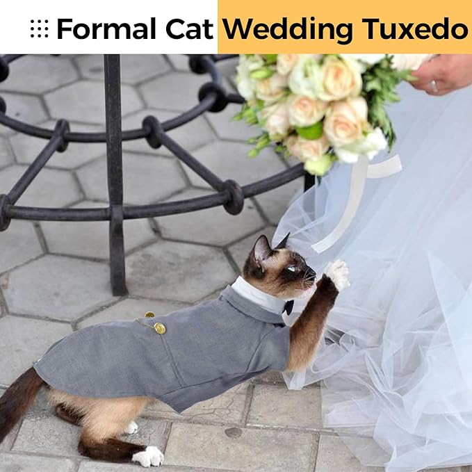 DENTRUN Cat Tuxedo Outfit, Sphynx Cat Costume Formal Suit with Bow Tie, Stylish Cat Shirt Fashion Apparel Fancy Clothes, Kitten Formal Attire Wedding Onesie Costume for Cats Only