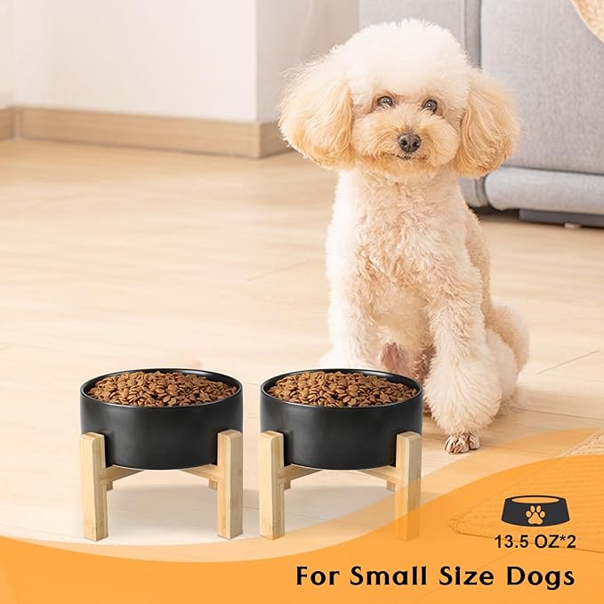 SPUNKYJUNKY Ceramic Elevated Dog Bowls 2 Pack - 5.1inch Raised Dog Bowls with Non-Slip Wooden Stand for Small Dogs Dishwasher Safe(Black,13.5OZ*2)