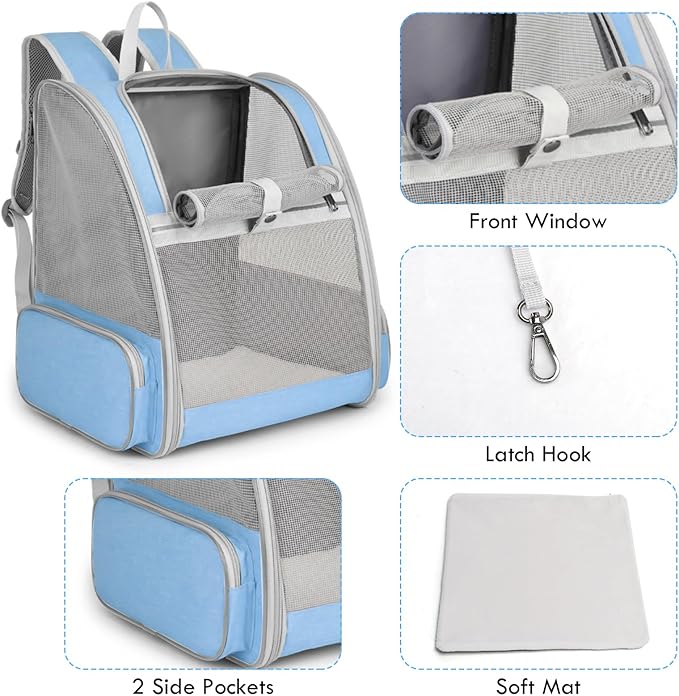 Cat Backpack Carrier, Large Pet Backpack with Kitten Wand Feather Toy for Medium Small Dog Cat Puppy Kitty Bunny up to 15lbs, Ventilated Mesh Dog Travel Carrier for Hiking Walking Outdoor Use (Blue)