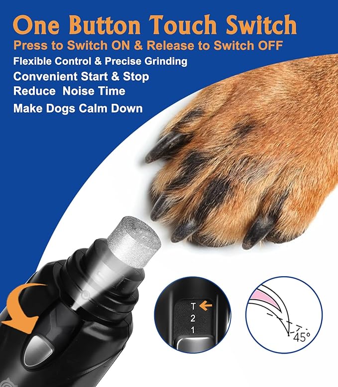 Dog Nail Grinder, 3 Grinding Heads, 2-Speed, LED Light, Touch-Switch, TypeC, Quiet, Low-Vibration, Dog Nail Trimmers for Large,Medium,Small Dogs & Cats with Hard/Thick Nails (U-Dark Blue)