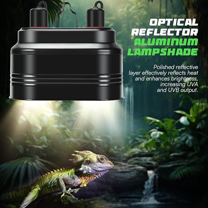 Dual Reptile Light Fixture with Thermostat Switch and Independent Switch, Deep Dome Reptile Heat Lamp Fixture Optical Reflector Lampshade for Bearded Dragon, Amphibians, Tortoise (Max 100W)