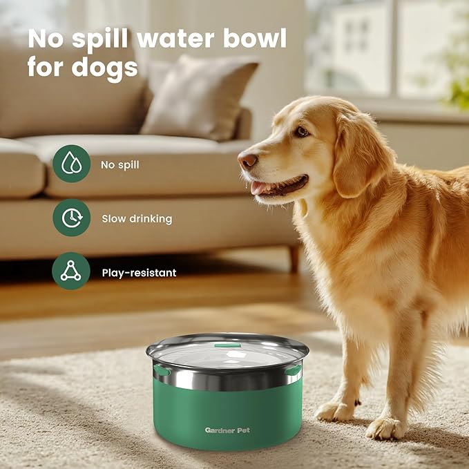 Gardner Pet Dog Bowls 1 Gallon (3.85L) Stainless Steel No Spill Dog Water Bowl, Slow Water Feeder Metal Bowls, Spill Proof Water Dispenser for Large Dogs, Promotes Healthy Hydration(Black)