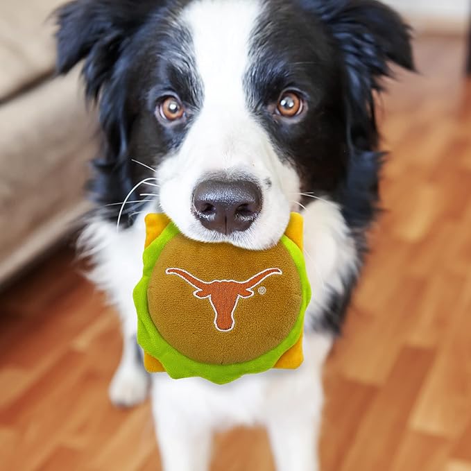 NCAA Texas Longhorns Cheeseburger Plush Dog & CAT Squeak Toy- Cutest Stadium Hamburger Snack Plush Toy for Dogs & Cats with Inner Squeaker & Beautiful Football/Basketball Team Name/Logo