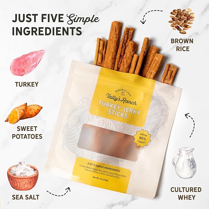 Tally's Ranch 4oz Turkey Jerky Dog Treats - All-Natural - 5 Simple Ingredients, No Added Sugar, High Protein - Made in The USA