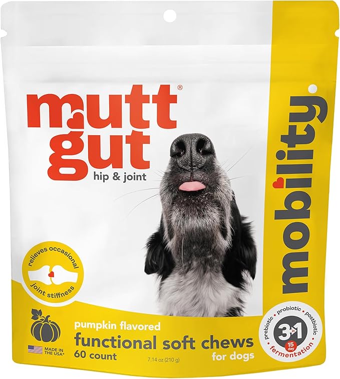 MuttGutยฎ Mobility Chews for Dogs - Glucosamine Chews with MSM, Turmeric & Algae Oil Powder - Joint Support & Hip Health Supplement for Dogs - Vet Recommended, cGMP Certified - 60 Soft Chews