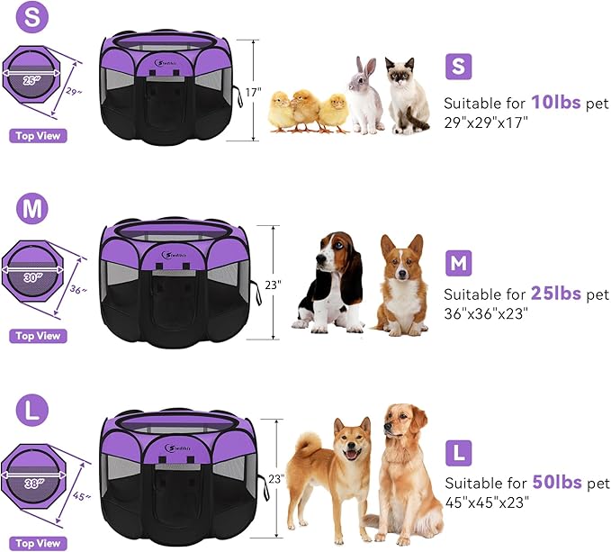 Dog Playpen, Puppy Pet Playpen, Medium Dogs Tent Crates Cage Indoor/Outdoor, Portable Pop Up Dog Kennel Playpen with Carrying Case for Dogs/Cats/Rabbits, Removable Zipper Top, Purple