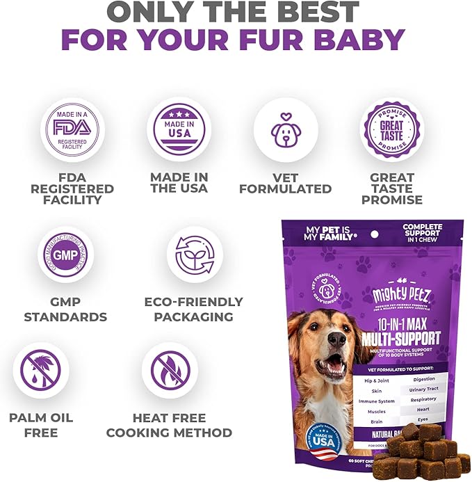 Mighty Petz MAX Dog Multivitamin - Senior & Adult Dog Vitamins 10 in 1 Complete Support for Joints, Immunity, Mobility, Gut, Energy, Skin Health, Pet Multivitamin Daily Chewable Supplement