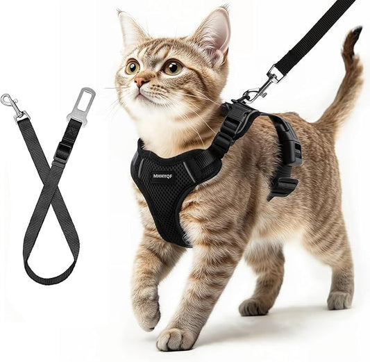 Cat Harness and Leash for Walking, Cat Car Harness, Escape Proof Soft Adjustable Vest Harnesses for Cats, Easy Control Breathable Reflective Strips Harness, Kitten Harness and Leash Set, Black, S