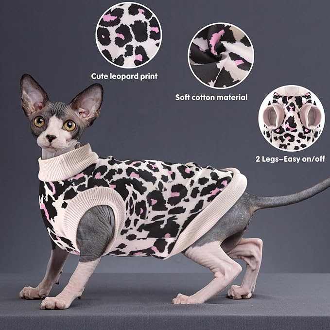Idepet Cat Clothes Kitten Sweater Soft Kitten Shirt Cute Leopard Print Kitty Vest Pullover Pajamas Jumpsuit Cotton Apparel for Hairless Cats & Puppy (Pink,XS)