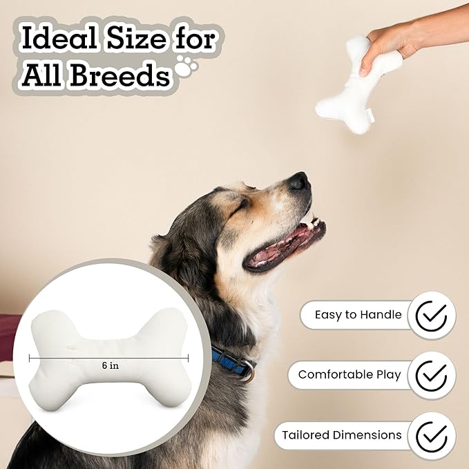 Eco-Friendly Durable Cotton Canvas Squeaky Dog Bone Chew Toy for Chewing, Playing and Exercise – T-Bone, White (Safe for Pets & Kids)
