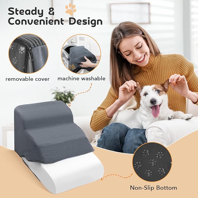 Mestuel Dog Stairs for Small Dogs, Dog Steps Ramp for Sofa Bed Couch, 3 Tiers Pet Ladder with High Density Foam &Non Slip Bottom, Holds up to 60 lbs, Gray