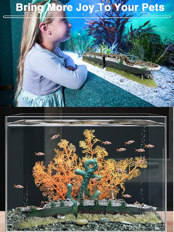 Aquarium Titanic Shipwreck Ornament - Decor Cave for Fish Tank, Sunken Ship Ornament, Aquarium Decoration - 14.2 Inches Long