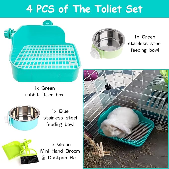 PINVNBY Rabbit Litter Box for Cage Bunny Corner Litter Bedding Box Small Animal Litter Pan Hanging Pet Bowls Cage Potty Trainer Pet Toilet for Rabbit Bunny Guinea Pigs Small Animals(Green)