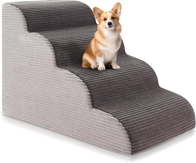 19.7”H Curved Dog Stairs Ramp for Beds Couches, Pet Steps with Durable Non-Slip Washble Fabric Cover, Pet Stairs for Bed Climbing, Dog Steps for Small Dogs and Cats, 4-Tiers,Foam Density Upgraded