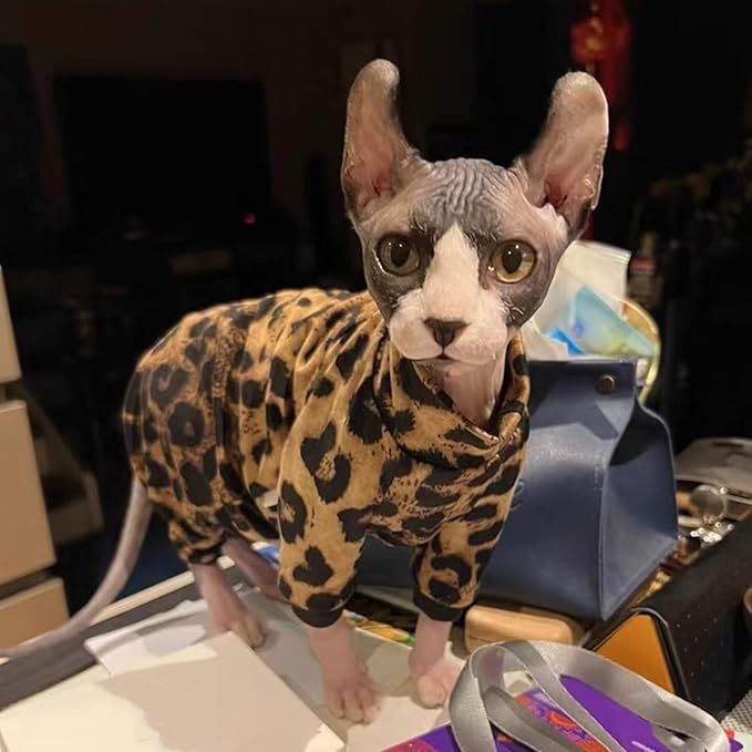 Sphynx Hairless Cat Four Leg Breathable Summer Spandex Pajamas Elastic Pet Clothes Cat Surgery Recovery Suit Vest Kitten T-Shirts Cats & Small Dogs Apparel (Leopard, M (5.5-7 lbs))
