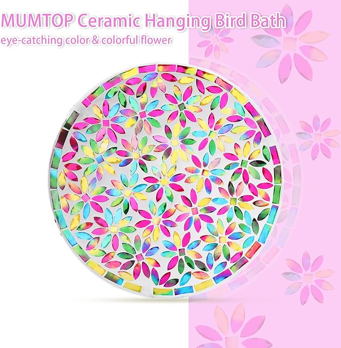 MUMTOP Mosaic Hanging Bird Bath-Bird Baths for Outdoors - 12 Inch Glass Birdbath Bird Water Bowl Bird Feeders for Outside, Garden, Lawn Yard Decor(Colorful Flower)