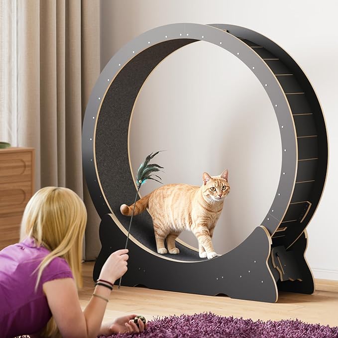 Cat Exercise Wheel, 43.3 inch Cat Wheel for Indoor Cats with Carpeted Runway, XL Cat Treadmill with Removable Carpet and Cat Teaser, for Running Walking Training (Black)