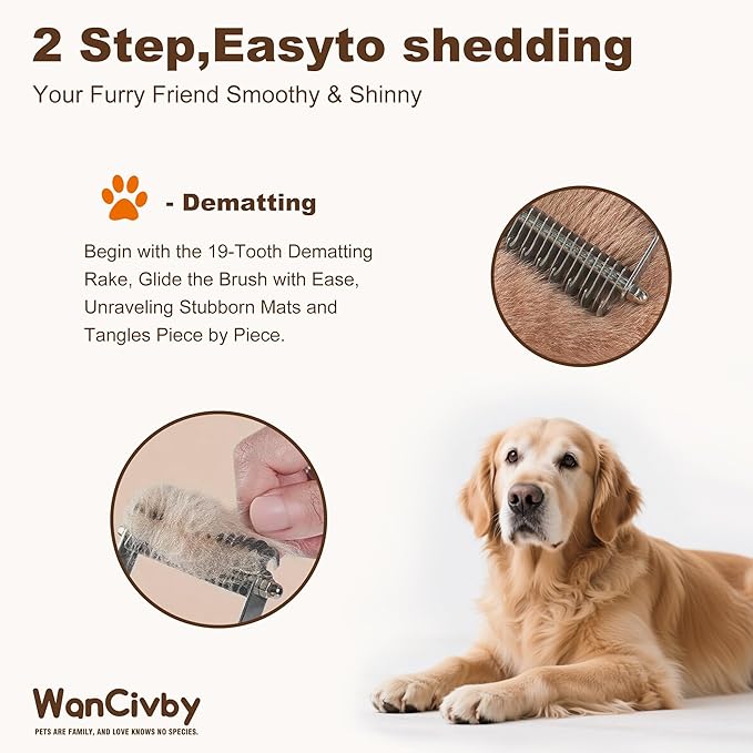 2-in-1Dematting & Deshedding Comb Undercoat Rake for Cats& Dogs,Detangling Matted Fur & Hair Remover Tool Pet Grooming Rake for Shedding and Dematting,Ergonomic beech wood handle (2 in 1)