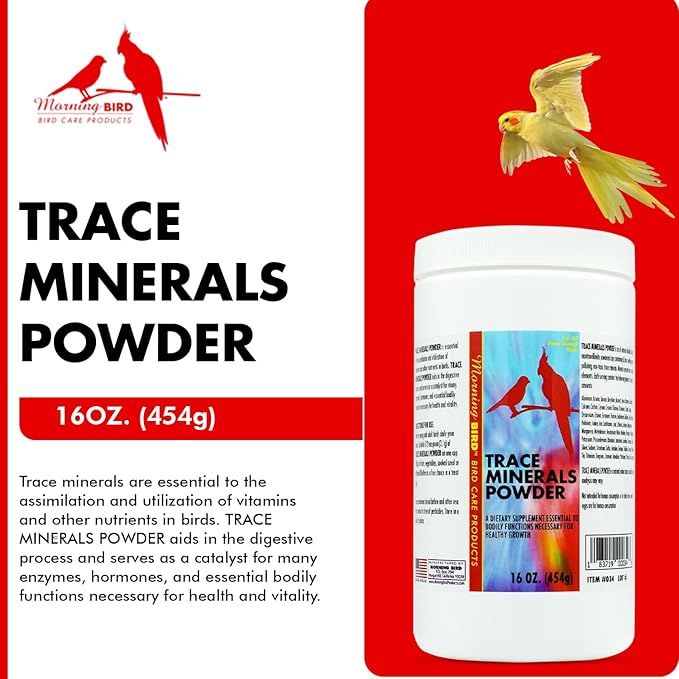 Morning Bird Trace Minerals Powder 16 Oz – Complete Mineral Supplement for Birds – Promotes Energy, Metabolism & Enzyme Activity – Easy to Mix for Daily Vitamin Support.