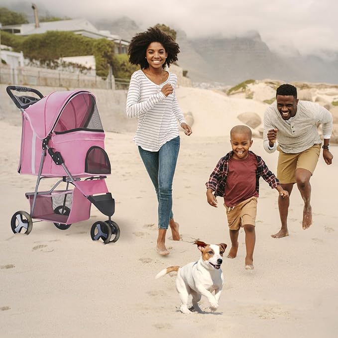 Critter Sitters 3-Wheel Jogging Dog Stroller with Storage Basket and Cup Holders, Modern and Stylish Pet Stroller for Medium Sized Animals up to 33 Pounds, Pink