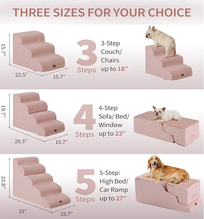 Made4Pets Dog Stairs Ramp for Bed, 4-Step Dog Steps for High Bed Couch Sofa Climbing, 35D Foam Pet Steps for Small Dogs and Cats, Non-Slip Bottom Pet Stairs, Pink