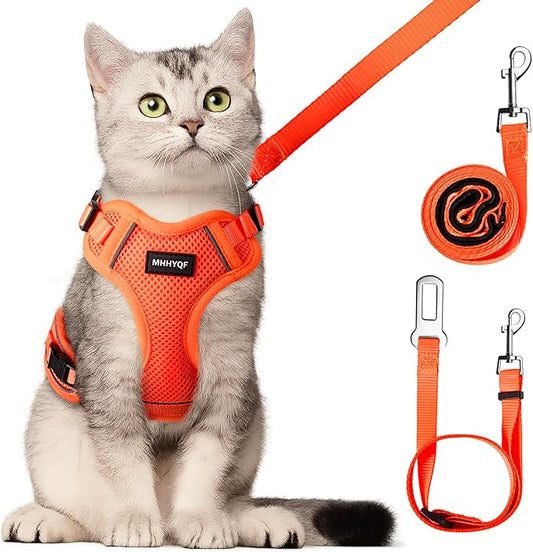 Cat Harness and Leash for Walking Escape Proof Soft Adjustable Cat Leash Breathable Comfortable Vest Easy to Wear Kitten Harness for Outdoor Travel, Orange, M
