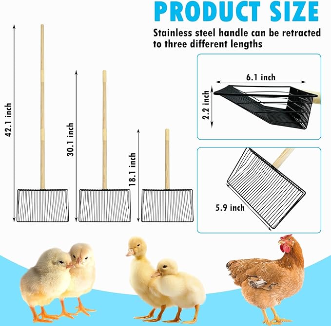 PINVNBY Stainless Steel Chicken Poop Scooper 3 in 1 Adjustable Wooden Handle Poop Scooper for Chicken(18.1" to 42.1")Multifunctional Chicken Coop Cleaning Tools Sifting Shovel Chicken Coop Accessories