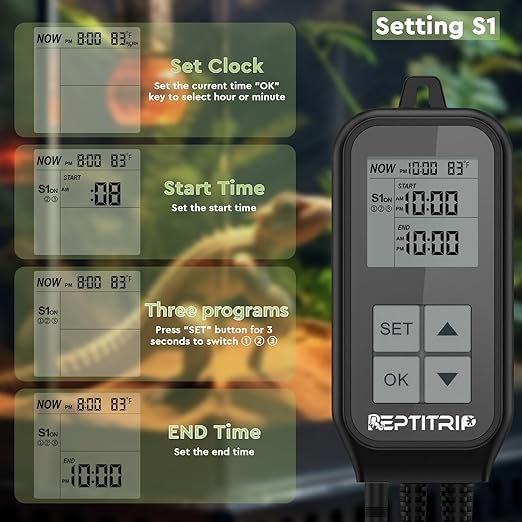 Reptile Thermostat, Light Timer for Temperature and Lighting Control, Day-Night Timer Thermostat with Reptile Thermometer for UVB Light, Heat Lamp, Heating Pad, 10A 1250w