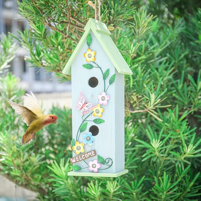 Yinns Hanging Birdhouse for Outdoor, Garden Decorative Wooden Bird House, Colorful Flower Two-Tiered for Hummingbird Small Bird