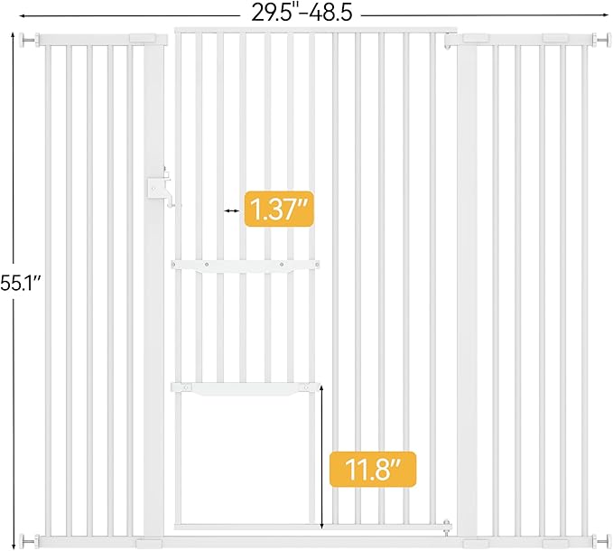 YITAHOME Extra Tall 55" High Metal Dog Gate with Cat Door, 29.5"- 48" Wide Auto Close Pet Gate Indoor for Stairs, Doorways, House, No Drilling Pressure Mount, Sturdy, White