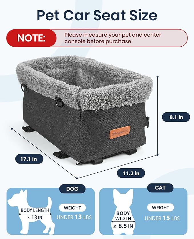 BurgeonNest Armrest Medium Sized Dog Car Seat - Portable Pet Booster Center Console Carseat Up to 15lbs, Safe Comfort Car Travel with Metal Frame, Pee Pad, Washable Fluffy Cushion and Interior, Grey