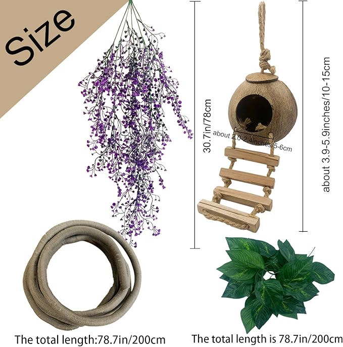 Crested Gecko Coconut Hut with Ladder,Bearded Dragon Coco Den Reptile Shell Hideout Husk Hut Climbing Plants Leaves Tank Accessories for Lizard Chameleon Snakes